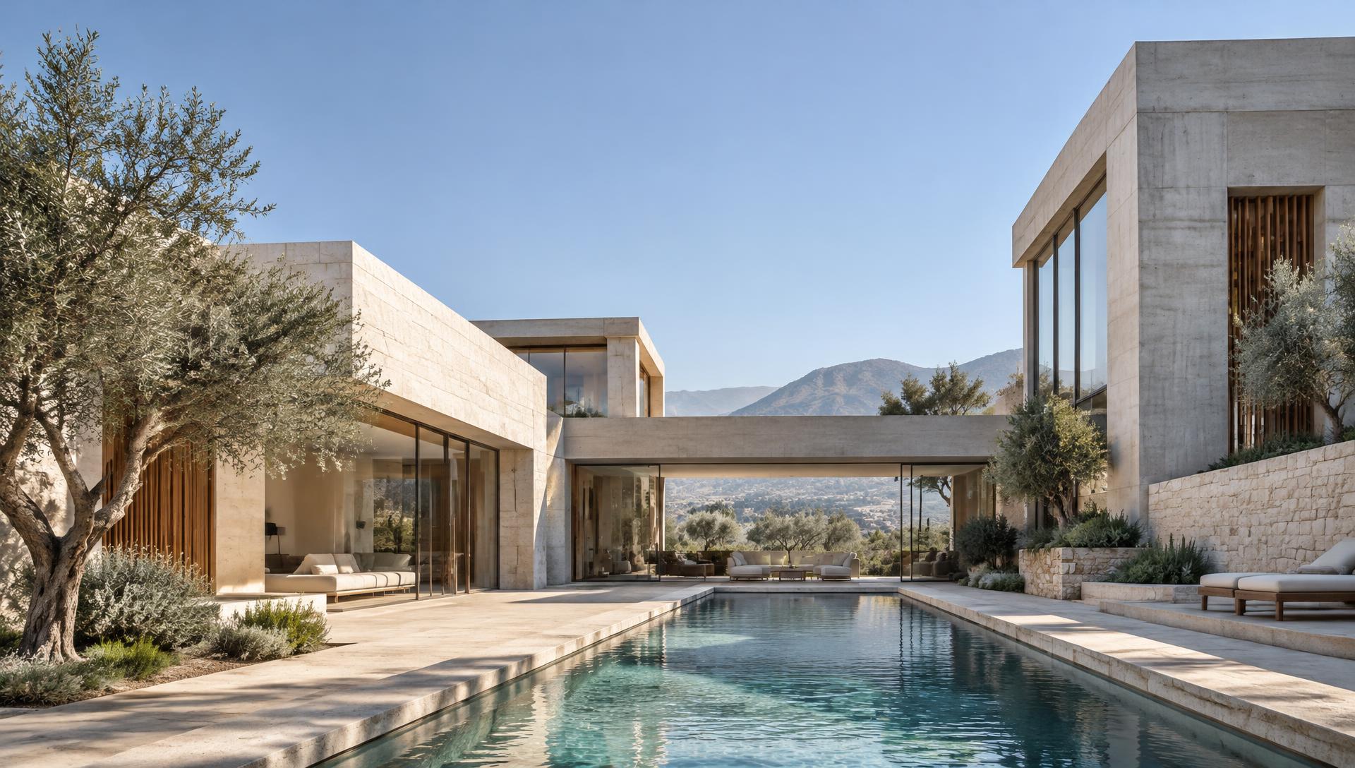Contemporary concrete and limestone residence opening onto a courtyard pool — architectural concept